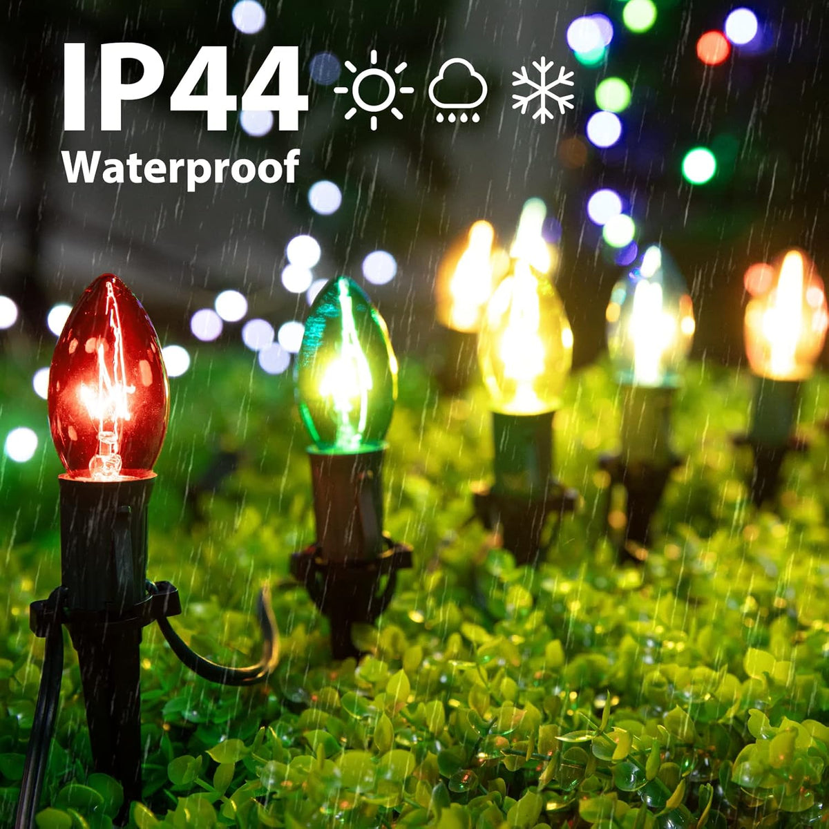 Multicolor C9 globe bulbs on black stakes with connected wiring for outdoor pathway lighting