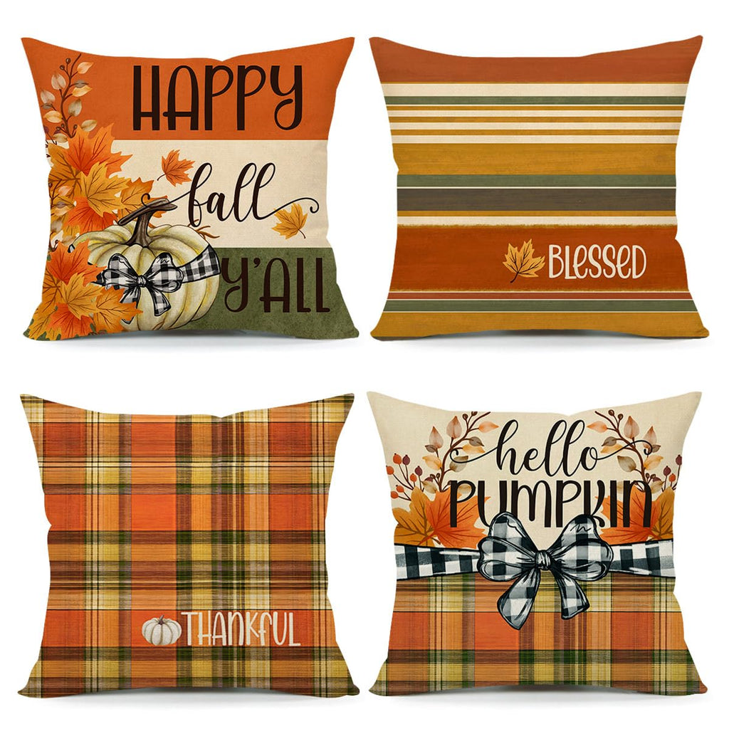 Set of 4 fall decorative pillow covers with pumpkin, plaid, and striped designs