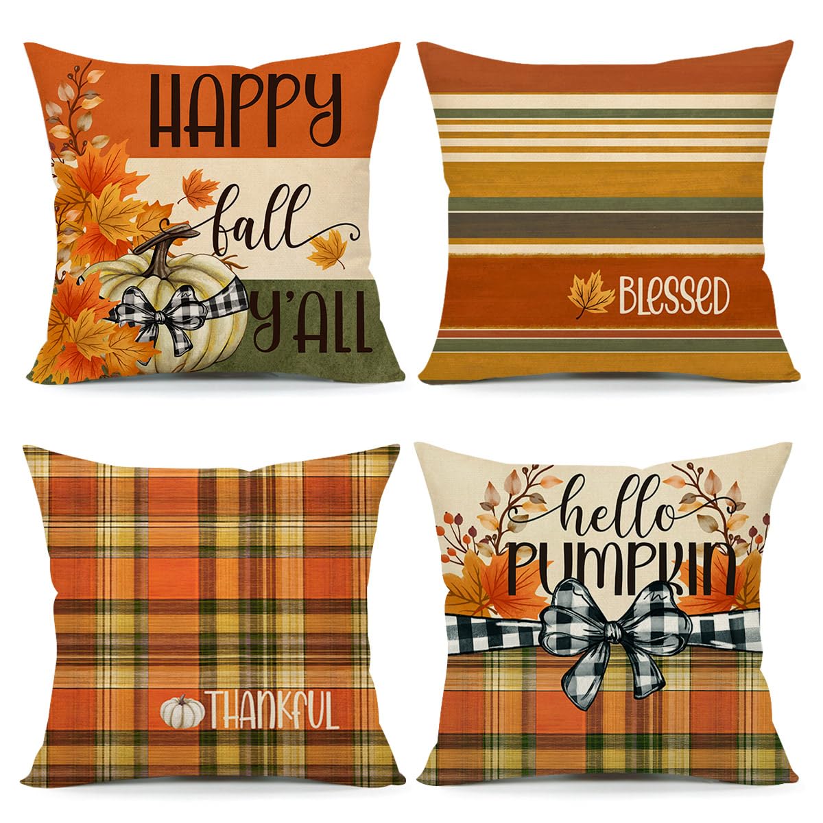 Set of 4 fall decorative pillow covers with pumpkin, plaid, and striped designs