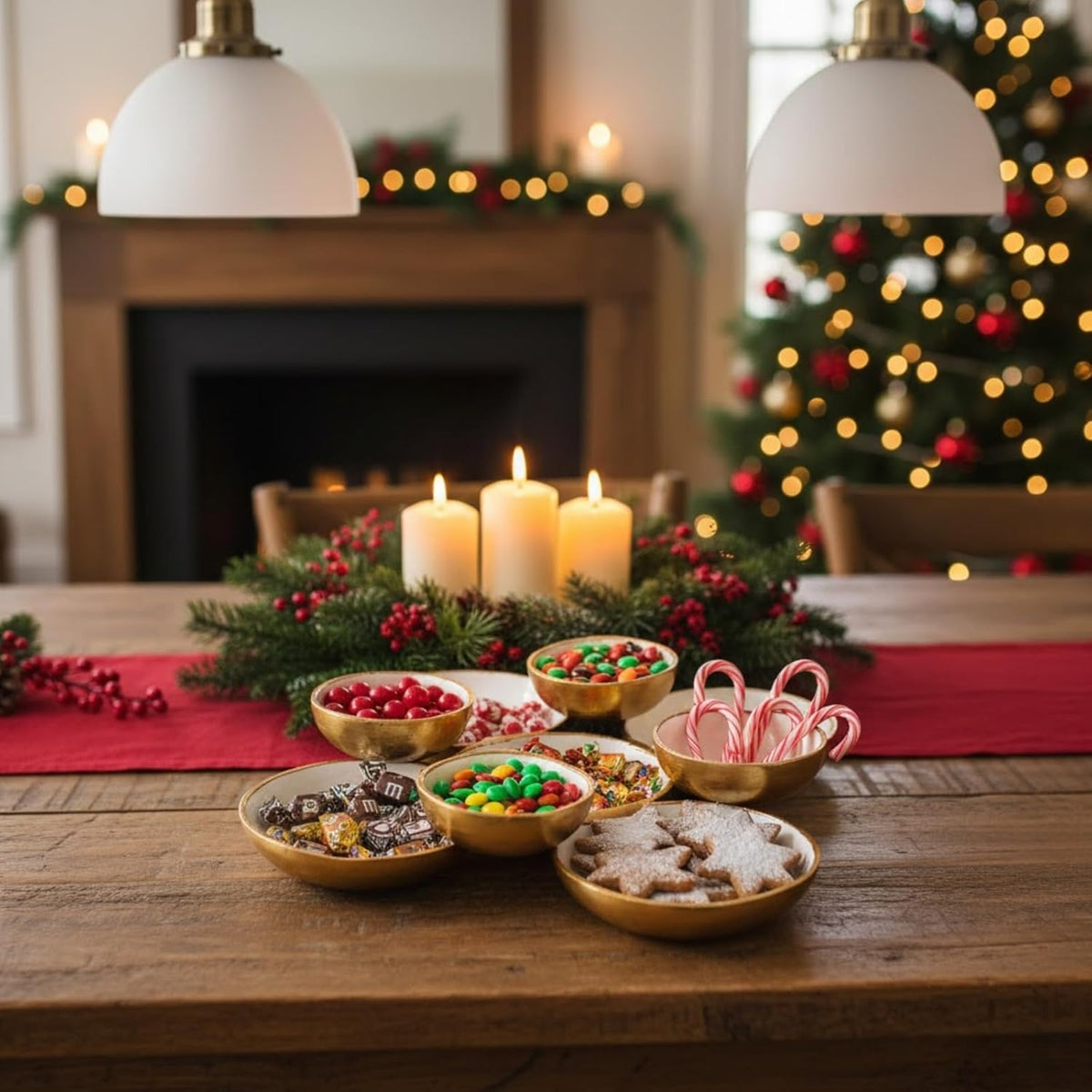 Set of 9 round enamel serving bowls with assorted snacks on a wooden table