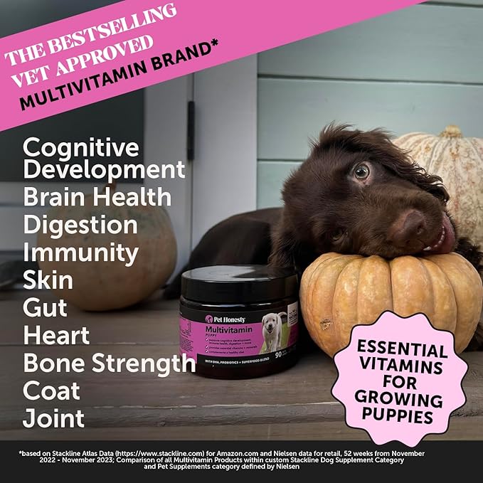 Pet multivitamin jar for puppies with benefit list and puppy resting on couch