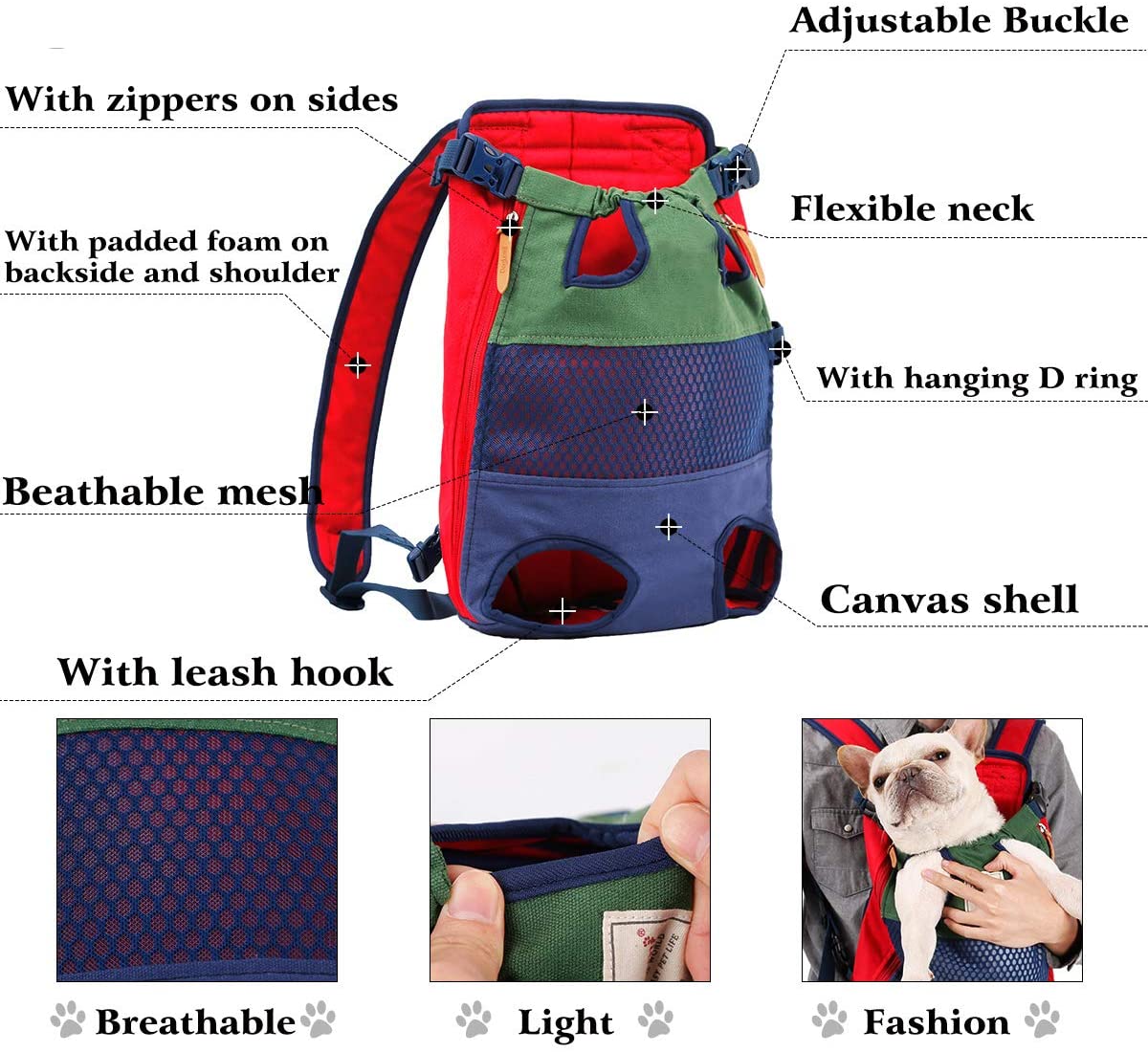 Red, blue, and green cat dog carrier backpack with adjustable buckle, leash hook, and flexible neck