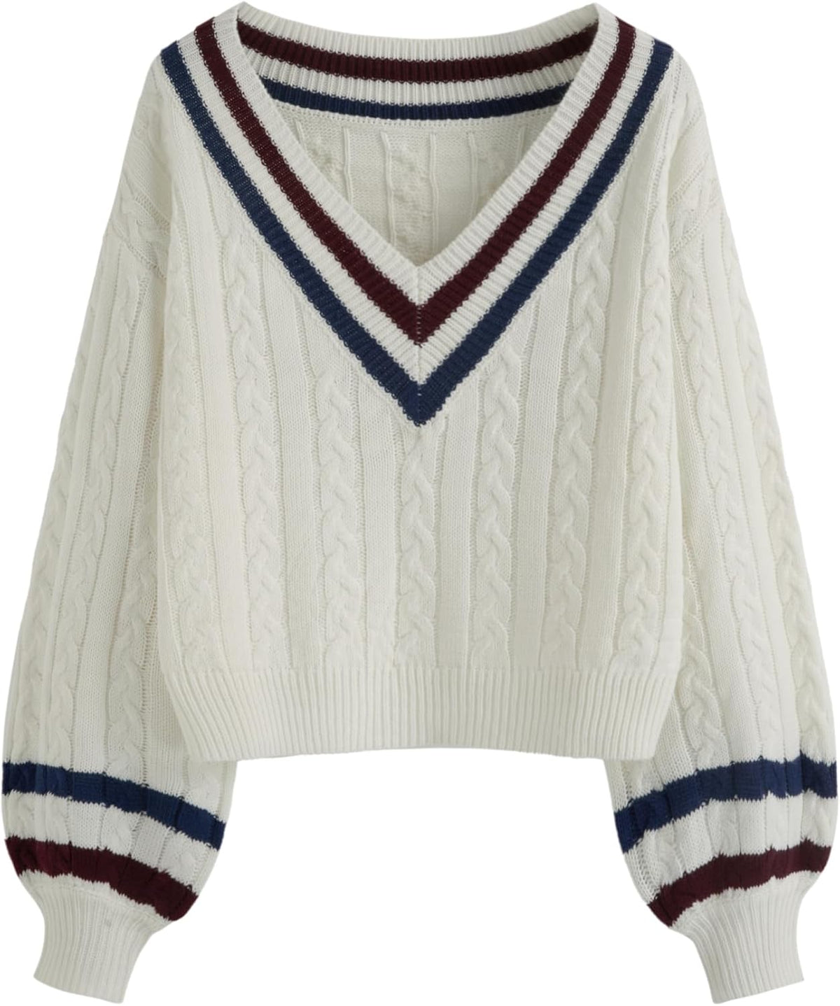 Cream cable-knit V-neck sweater with navy and wine striped trim on cuffs and hem