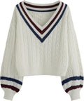 Cream cable-knit V-neck sweater with navy and wine striped trim on cuffs and hem