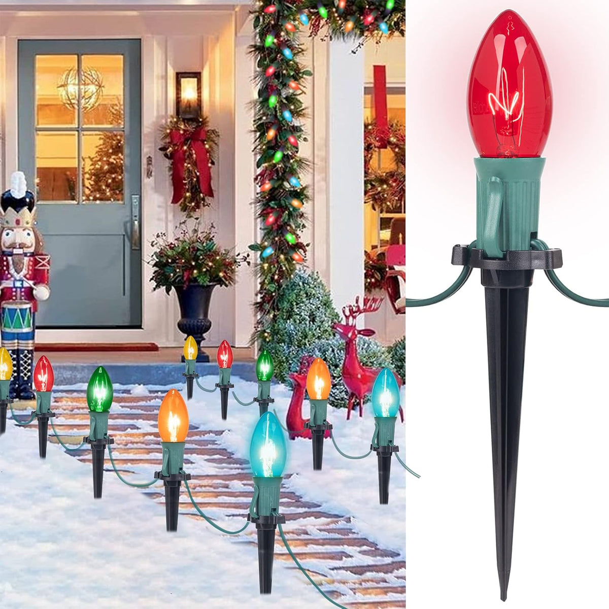 Red C9 bulb outdoor pathway light with multicolor bulbs on black stakes