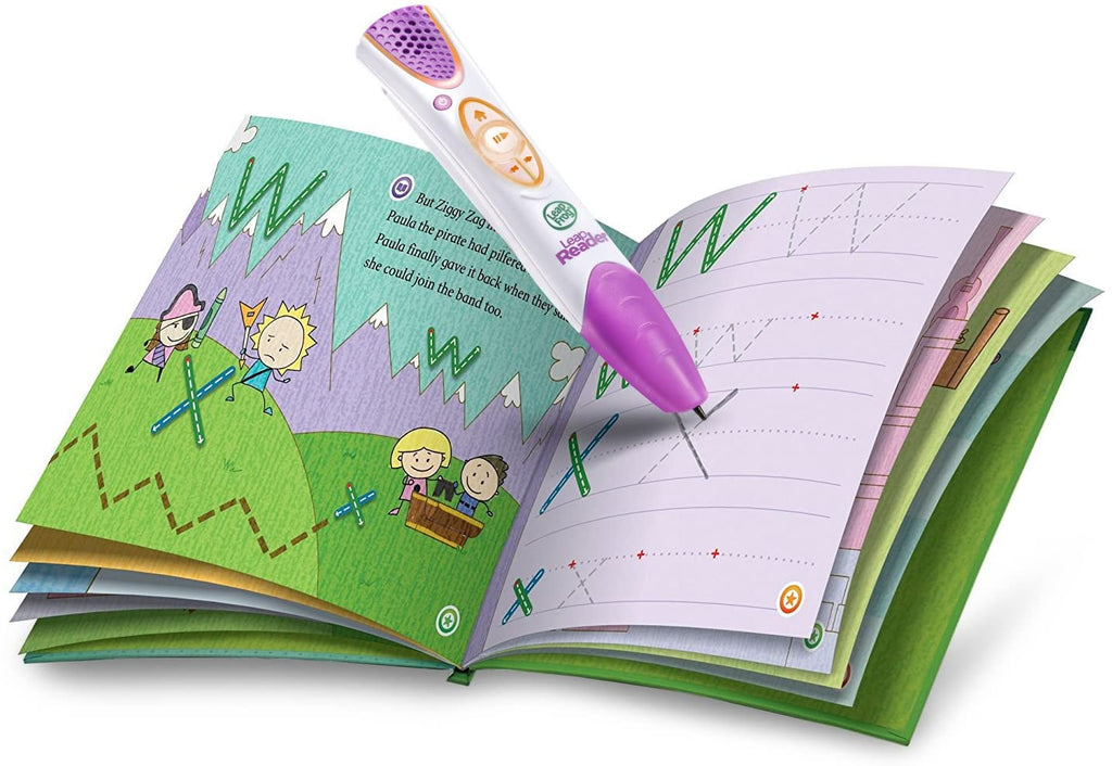 Interactive reading pen above open book with colorful kid activities
