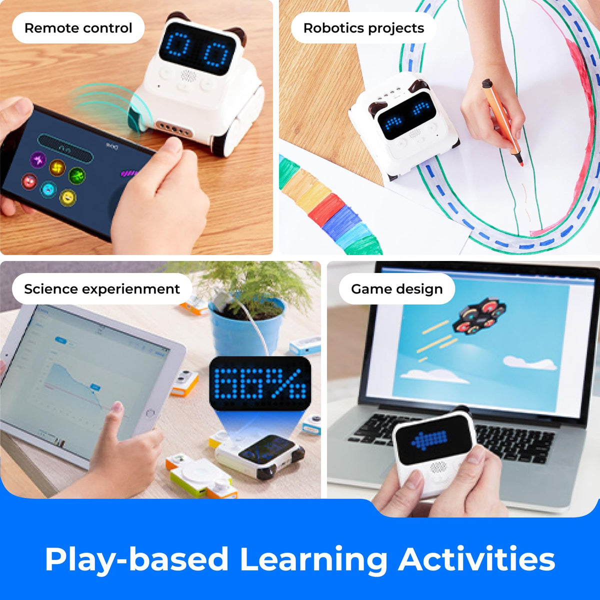 White coding robot toy with blue LED screen, used with a tablet controller.