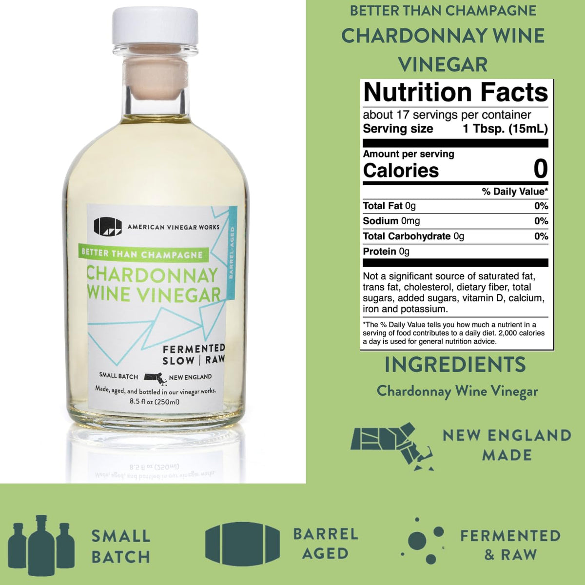 Chardonnay wine vinegar bottle with label and nutrition facts panel.