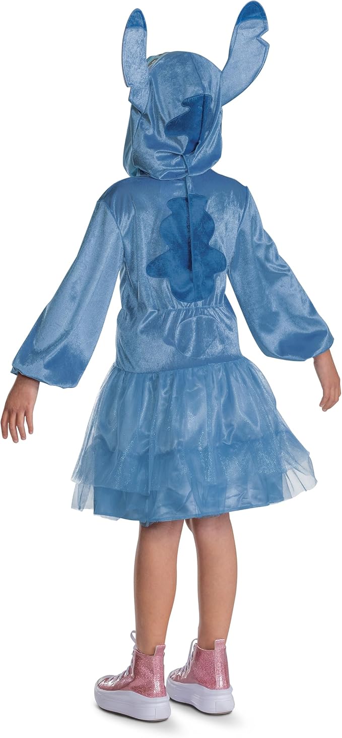 Kids blue hooded Stitch-inspired dress costume with tiered tulle skirt and long sleeves