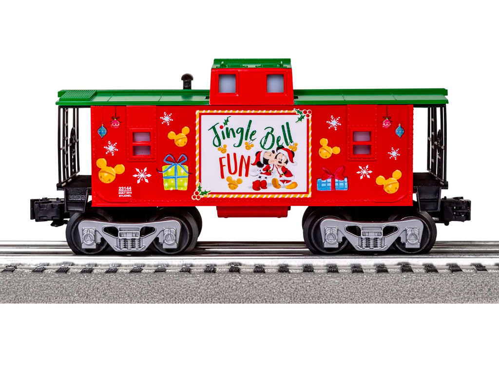 Green and red boxcar train with Jingle Bell Fun sign and colorful icons