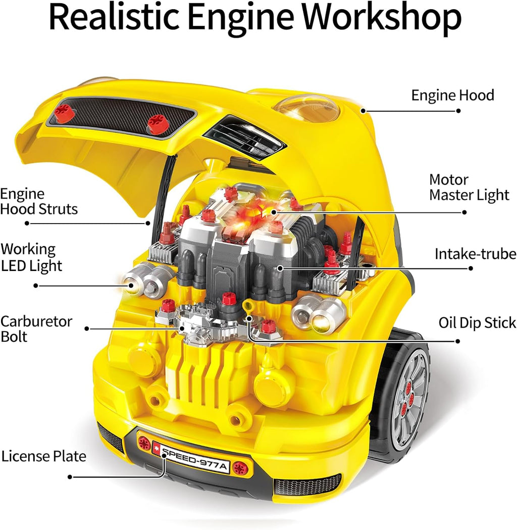 Yellow toy mechanic truck with detailed engine components and open hood, close-up view