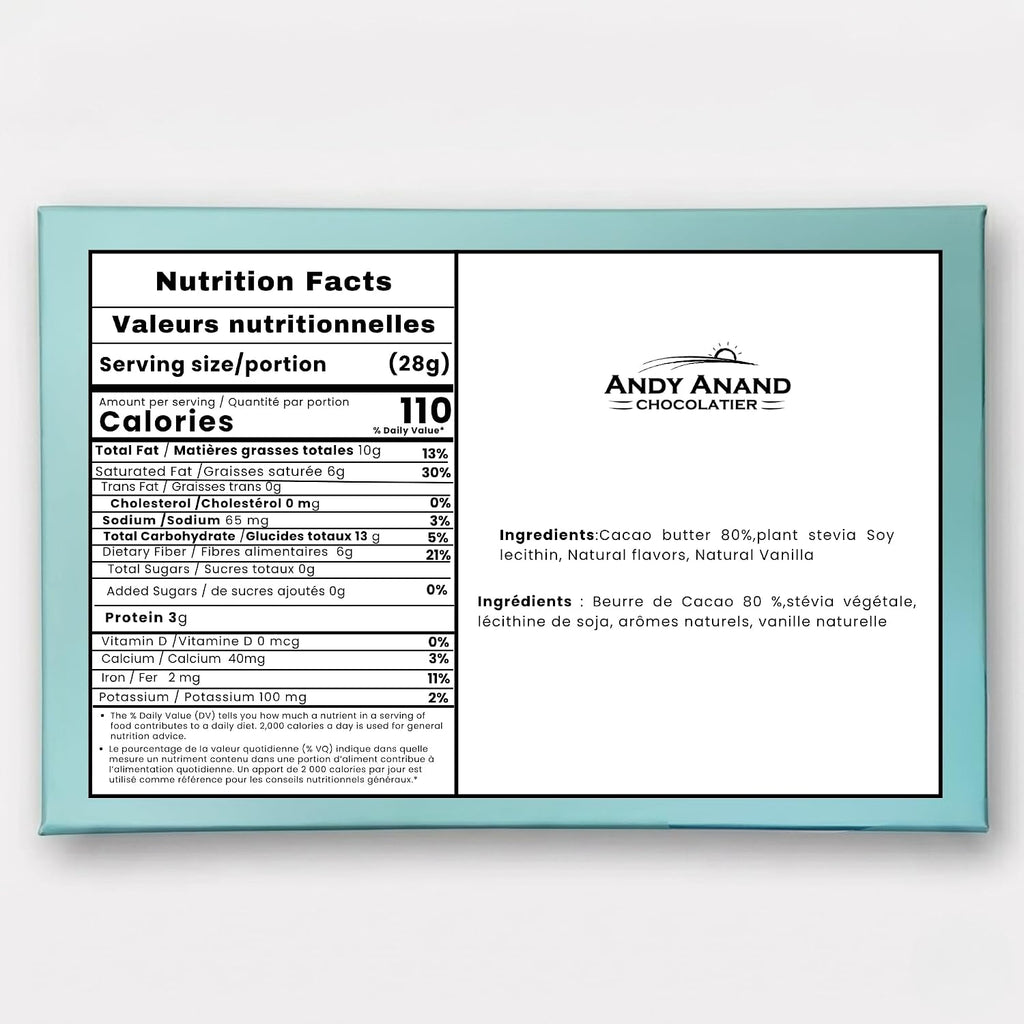 Nutrition facts and ingredients panel for dark chocolate on a turquoise box
