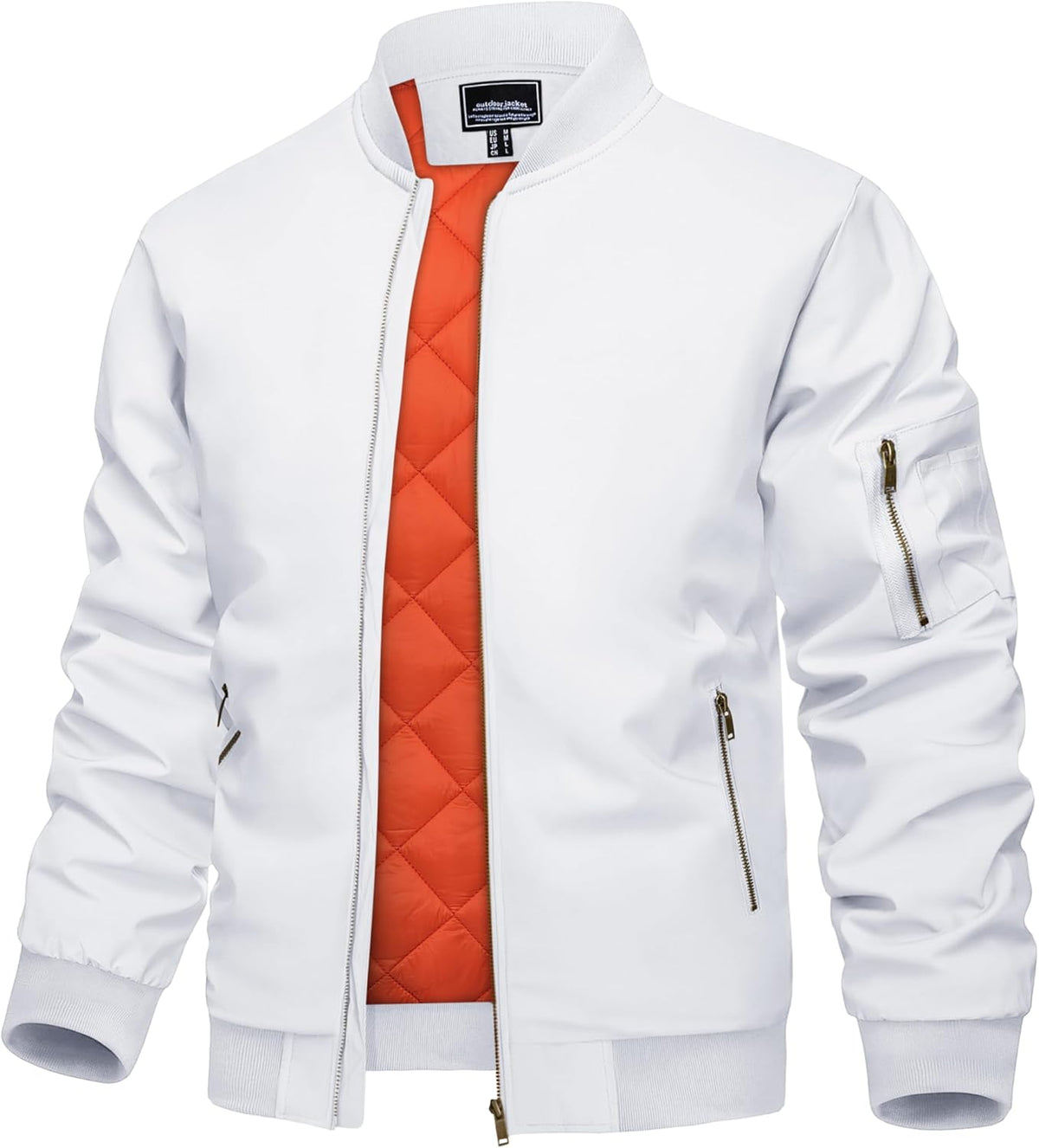 White bomber jacket front view with orange quilted lining and zip pockets.