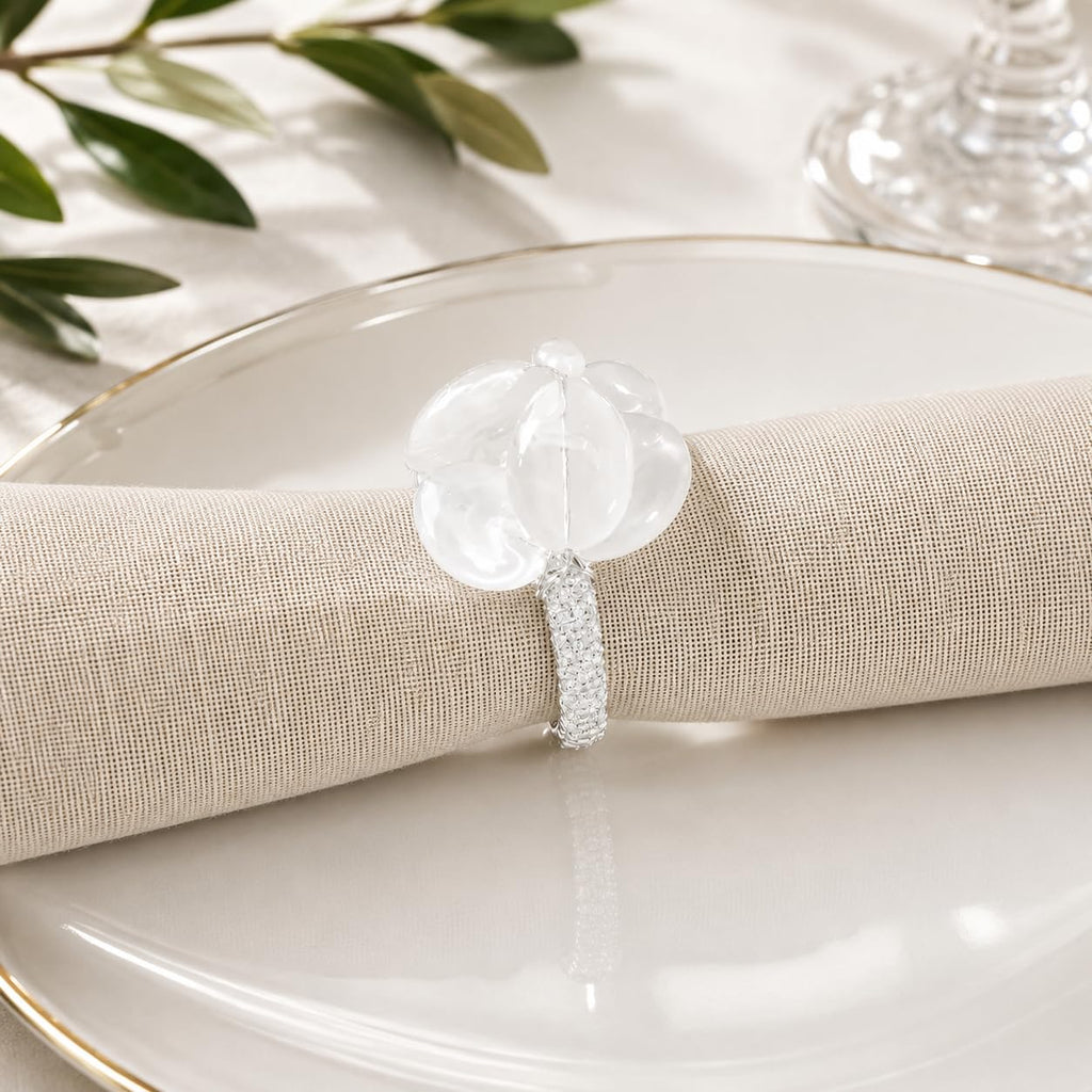 White gemstone beaded napkin ring with oval glass beads and sparkle detail