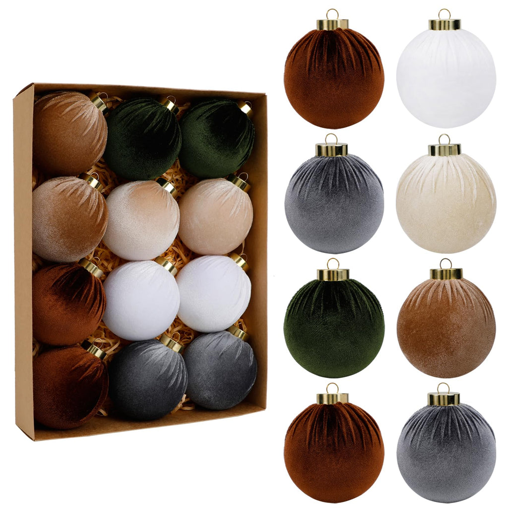 Velvet Christmas ornament balls set, assorted brown, white, green, and gray, 80mm
