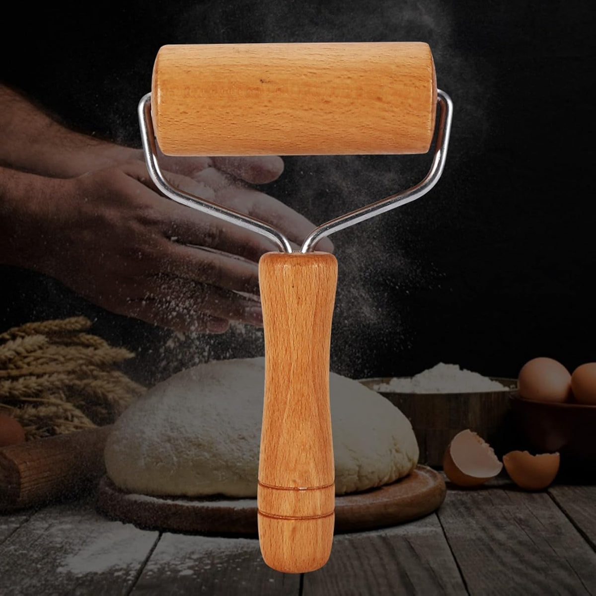 Wooden small rolling pin dough roller with U-shaped metal frame and wooden grip