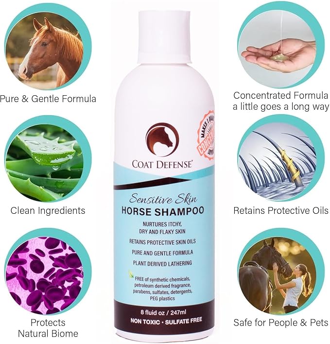 Horse shampoo bottle with clean ingredients and protective-oils benefit icons