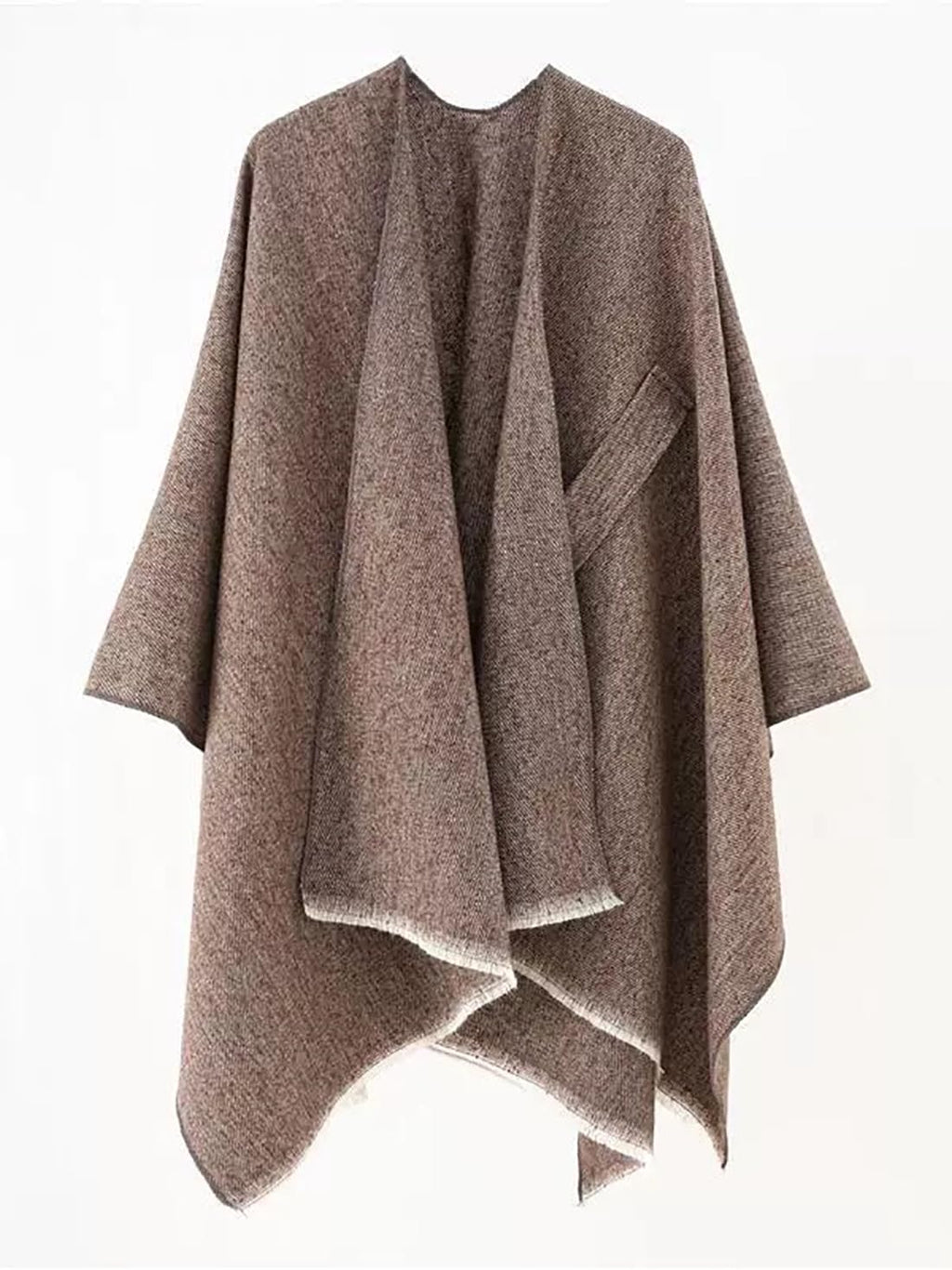 Brown open-front fringe poncho shawl with textured knit look and tied waist knot