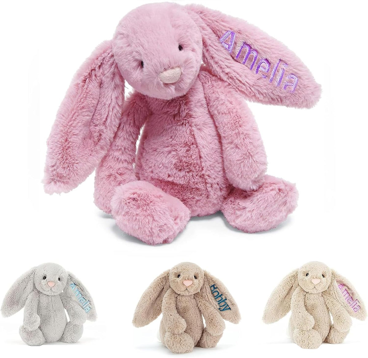 Pink plush rabbit stuffed toy with embroidered name on one ear