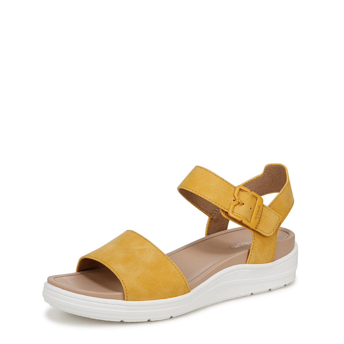 Women's mustard yellow open-toe sandal with adjustable ankle strap and white platform sole