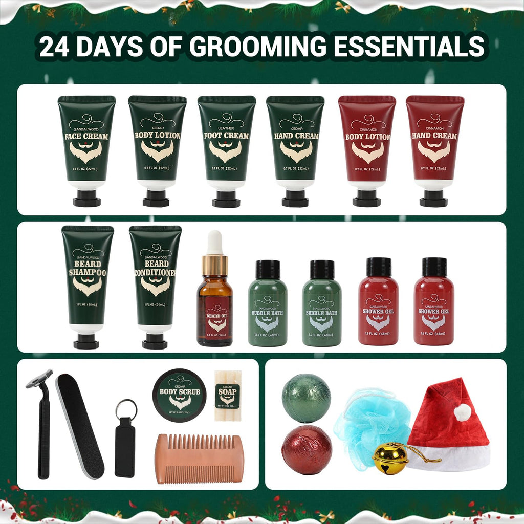 24-day grooming essentials layout with beard, face, body creams and tools