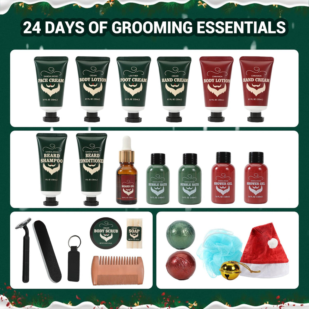 24-day grooming essentials layout with beard, face, body creams and tools