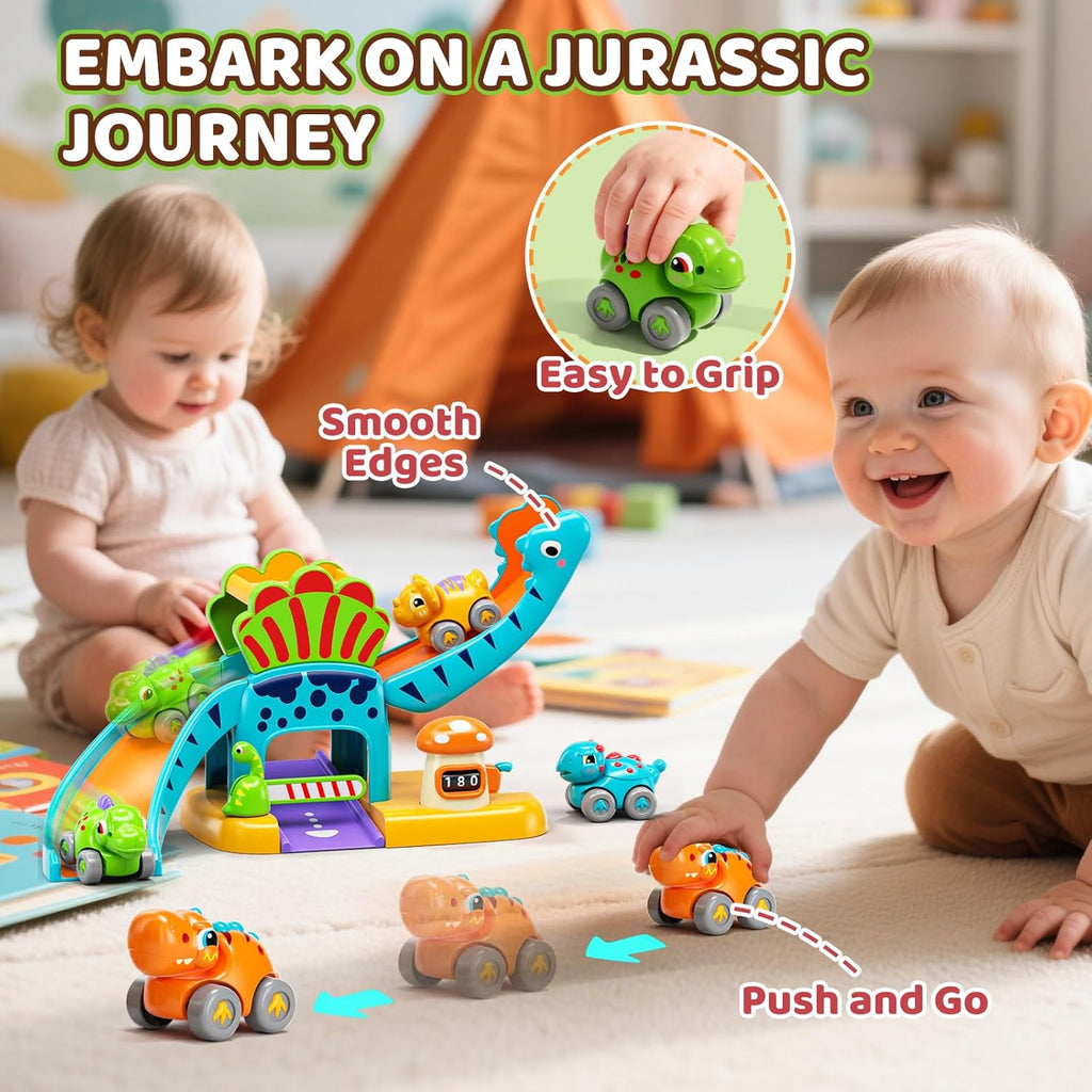 Dinosaur slide playset with four push-and-go mini cars and winding ramp