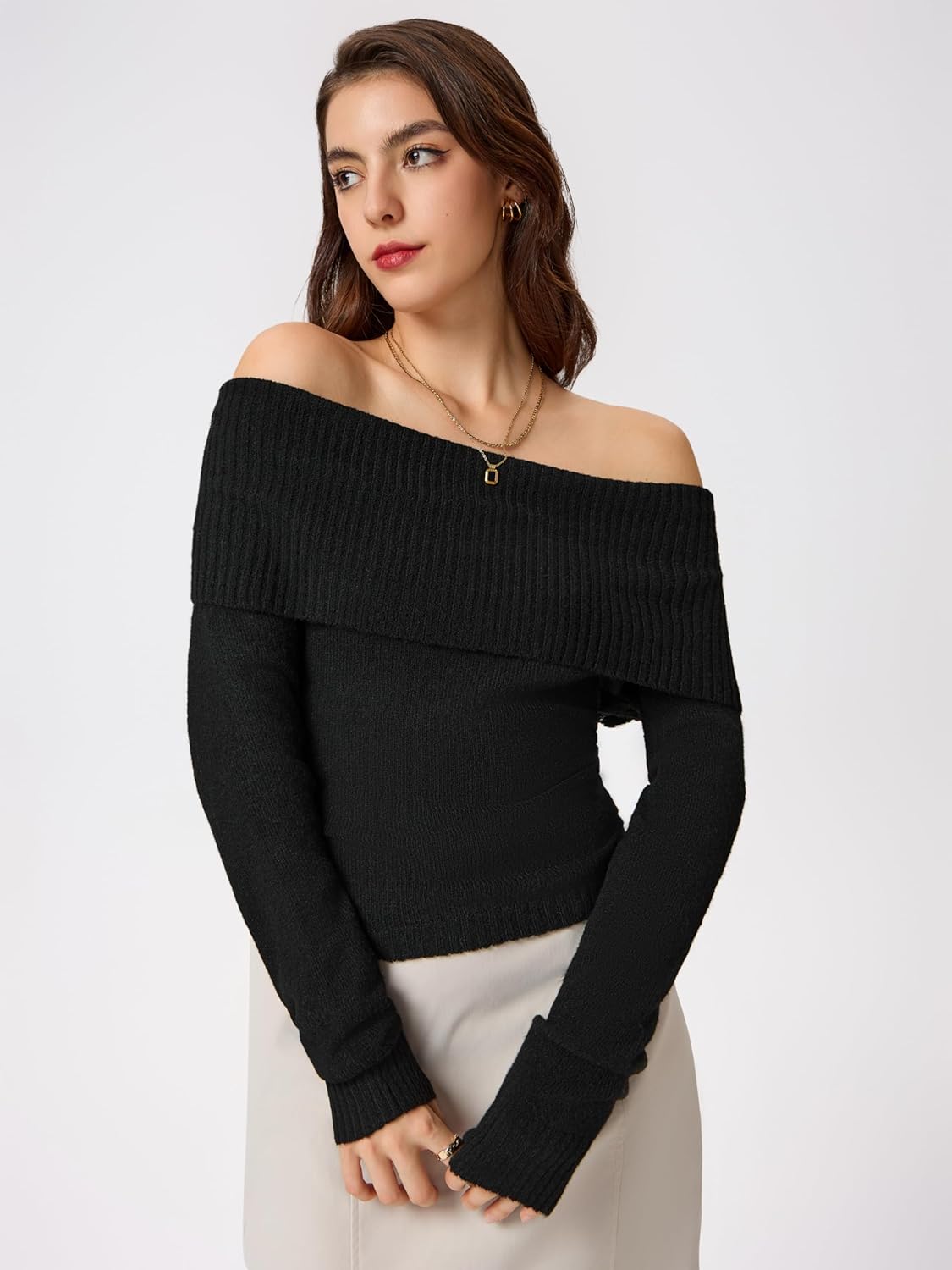 Black off-shoulder knitted pullover top with long sleeves