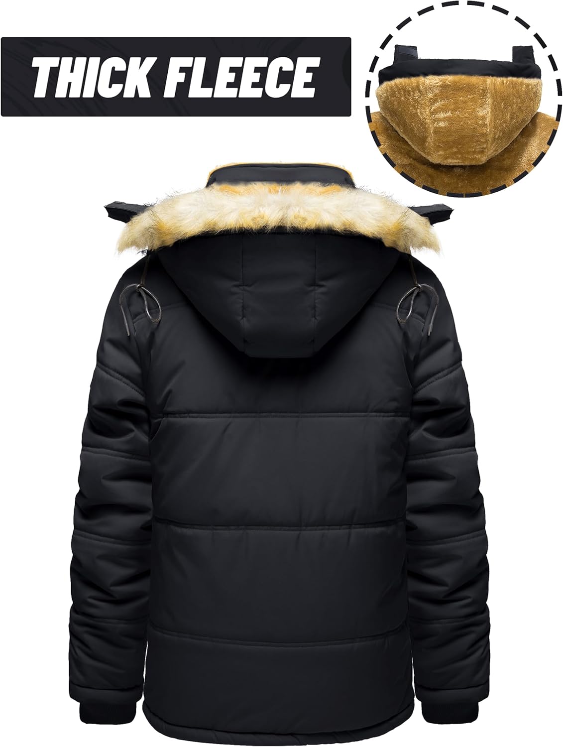 Men’s black winter parka jacket, rear view with hood and thick faux-fur trim