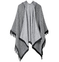 Women’s hooded geometric knit poncho cape with open front and fringe trim in black and gray