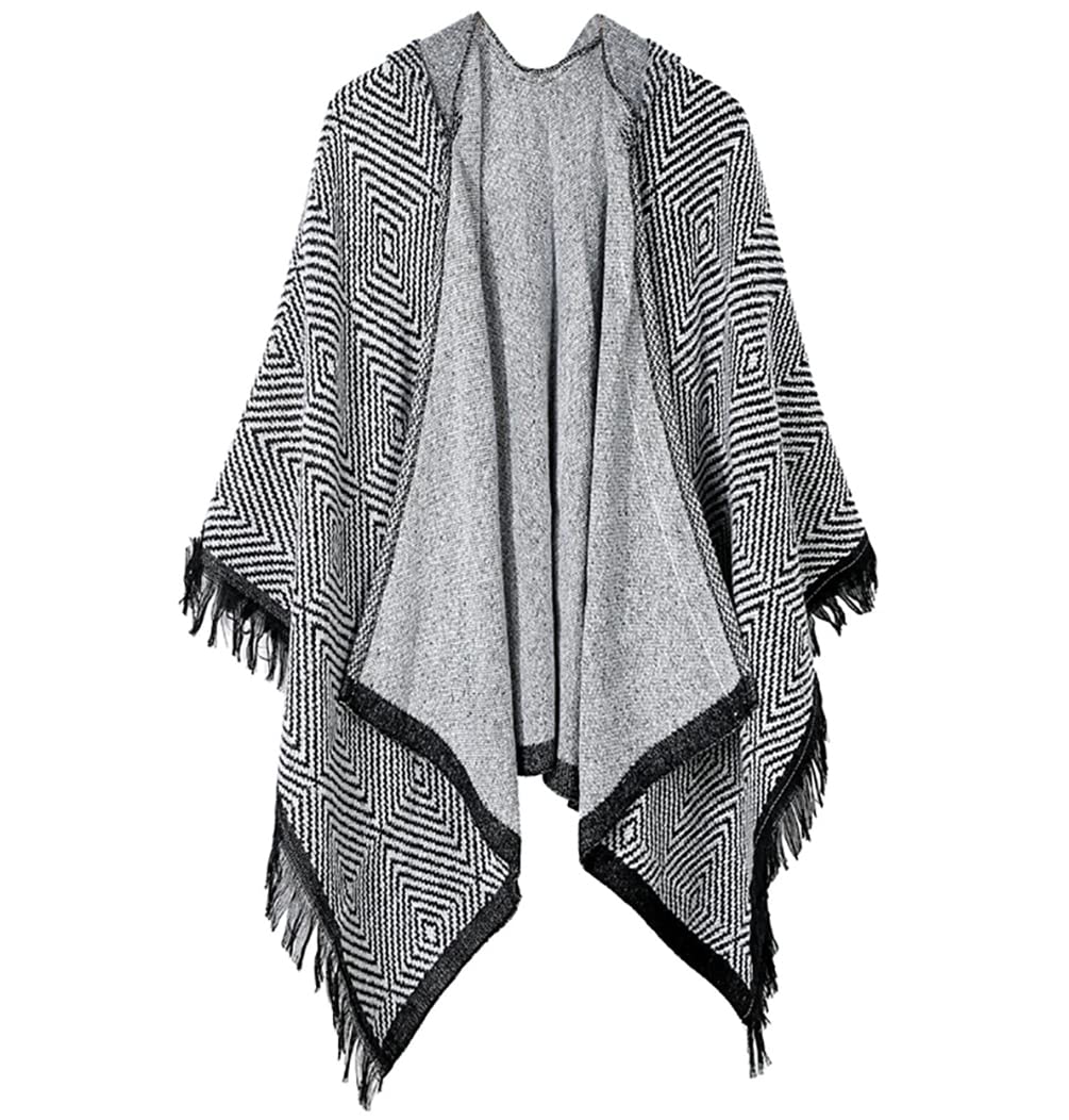 Women’s hooded geometric knit poncho cape with open front and fringe trim in black and gray