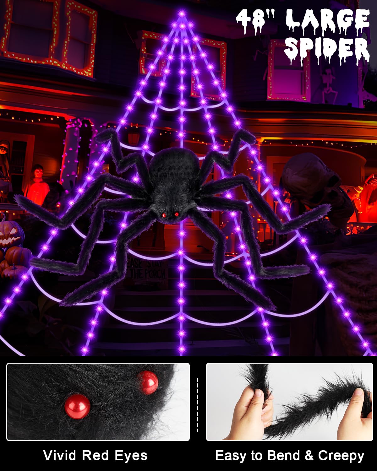 Large purple spider web lights with oversized spider silhouette and glowing red eyes