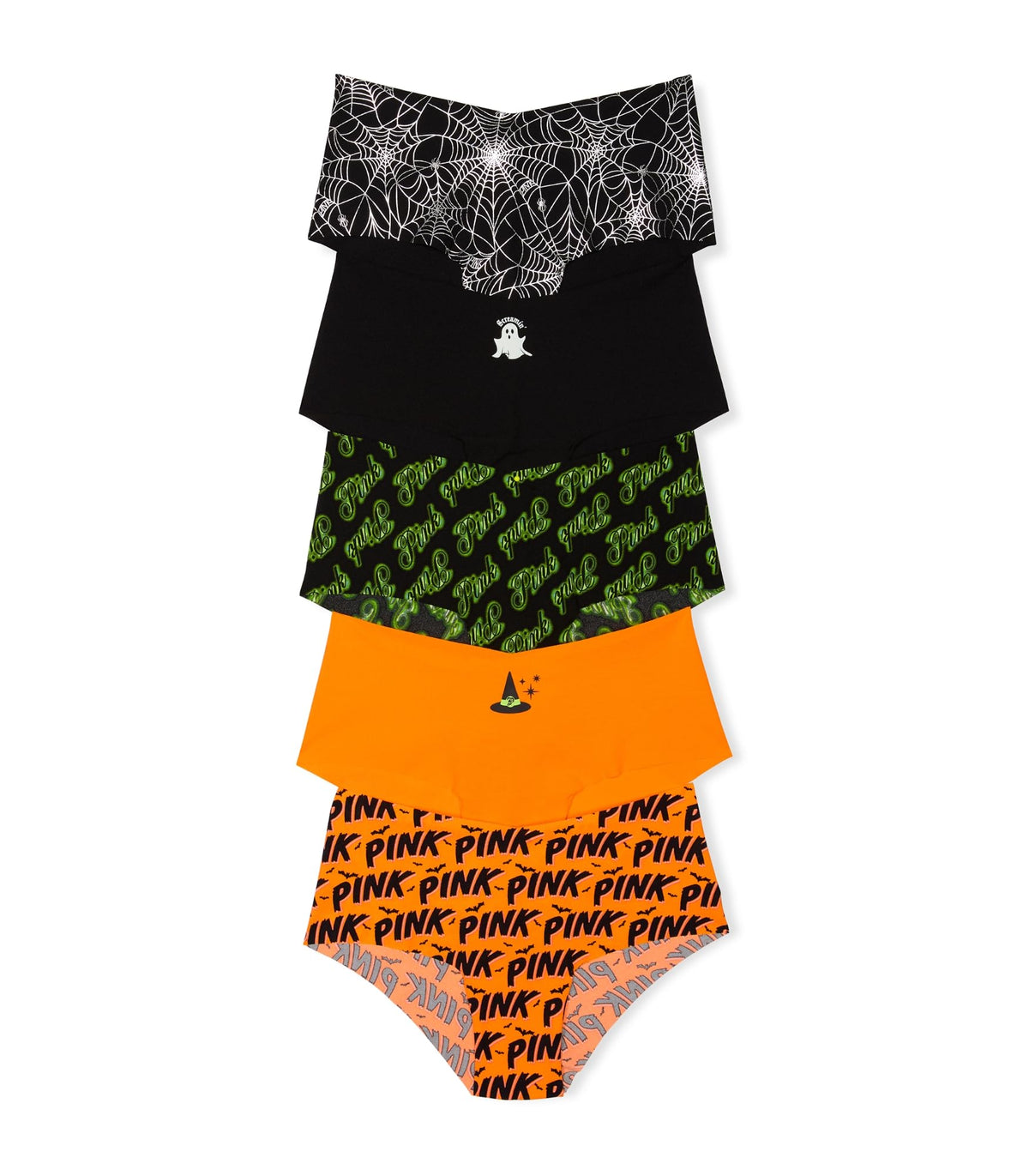 No-show cheeky underwear 4-pack: black spiderweb, green spooky print, orange pumpkin, pink PINK.