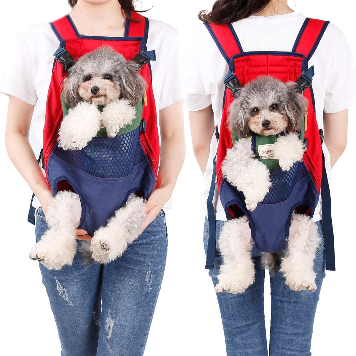 Pet carrier backpack with red top panel, navy mesh belly, and adjustable straps