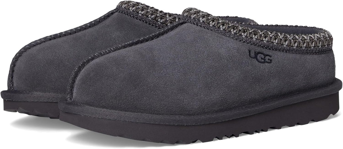 Kids' UGG Tasman II slipper, dark suede upper with woven collar trim