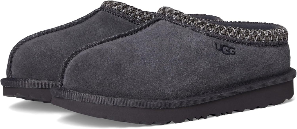 Kids' UGG Tasman II slipper, front view in dark suede with woven collar trim
