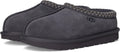 Kids' UGG Tasman II slipper, front view in dark suede with woven collar trim