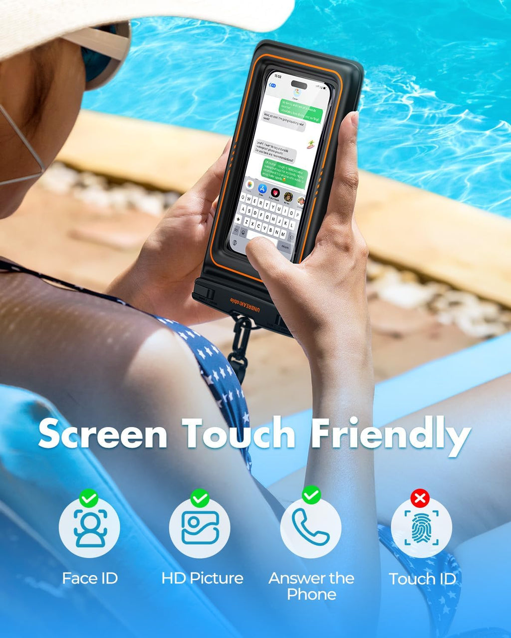 Waterproof phone pouch with clear window and orange trim, smartphone inside by poolside