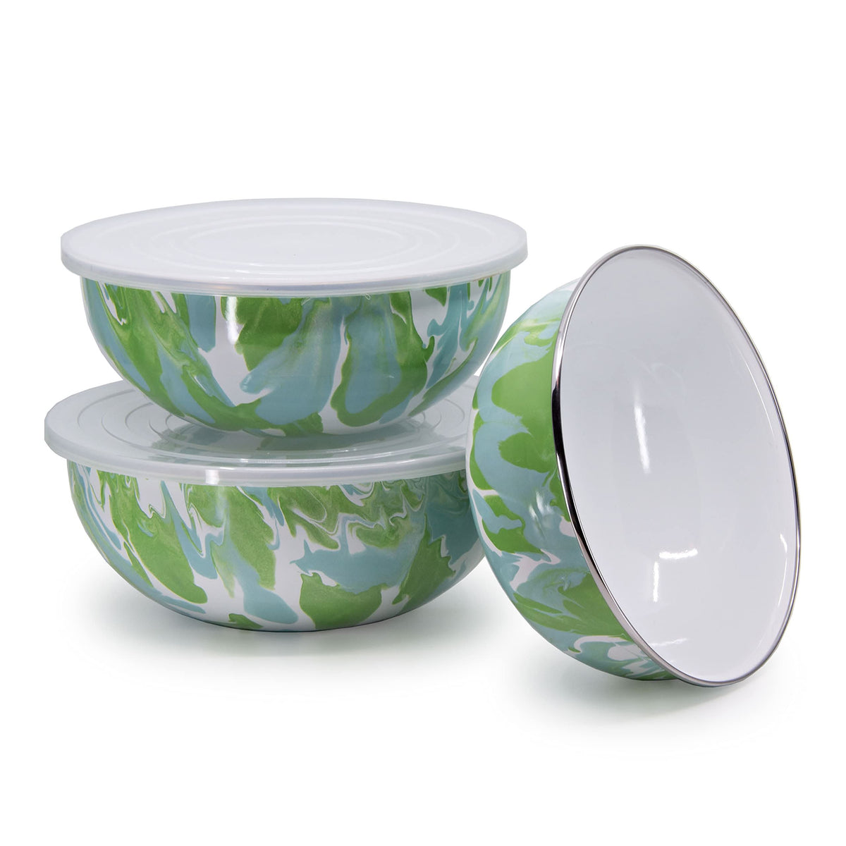 Set of 3 enamel mixing bowls with lid, green and white marbled swirl design