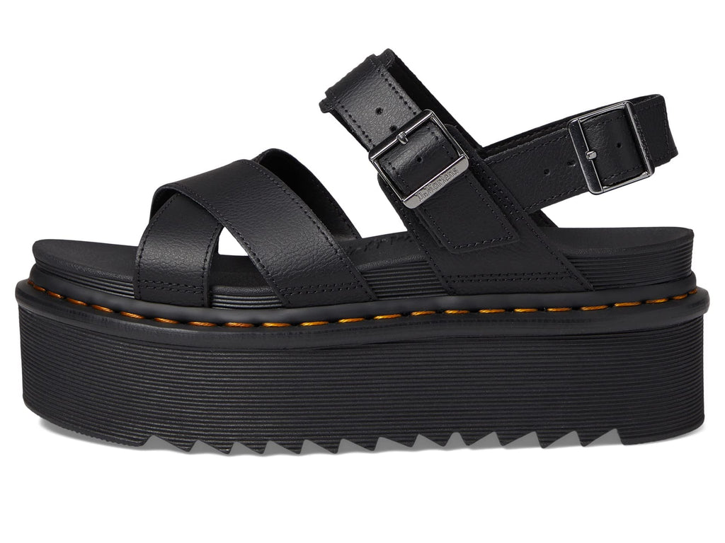Black platform sandal with two adjustable buckled straps and grooved midsole