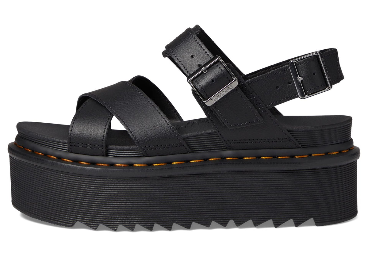 Black platform sandal with two adjustable buckled straps and grooved midsole