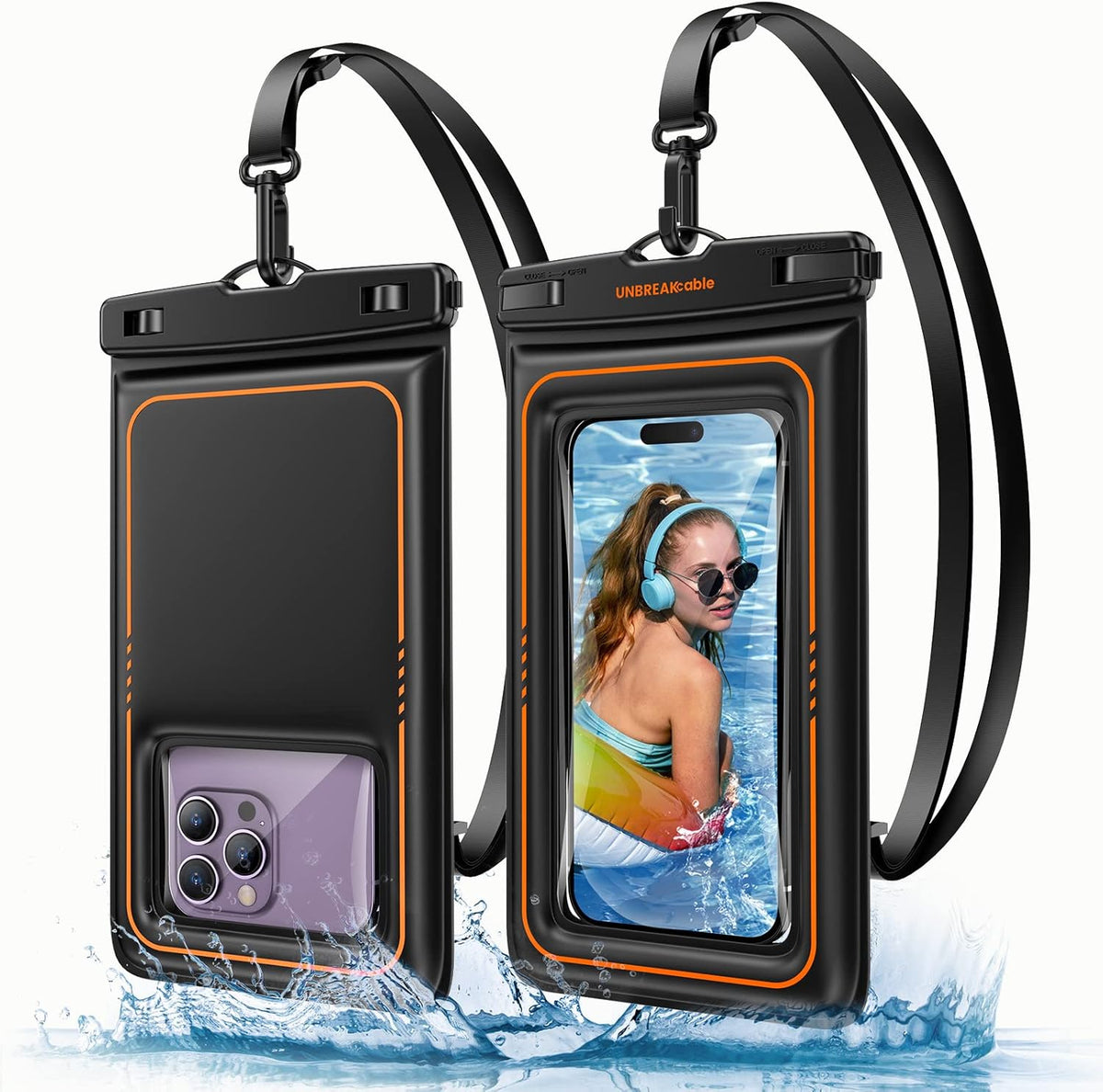 Waterproof floating phone pouch set, black cases with clear window and orange trim, lanyards