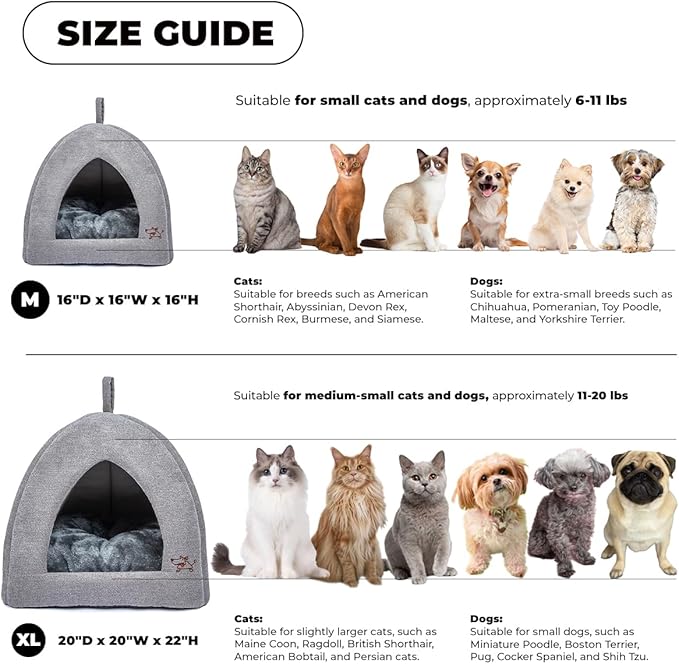 Gray pet tent size guide graphic with M and XL dimensions and supported breeds