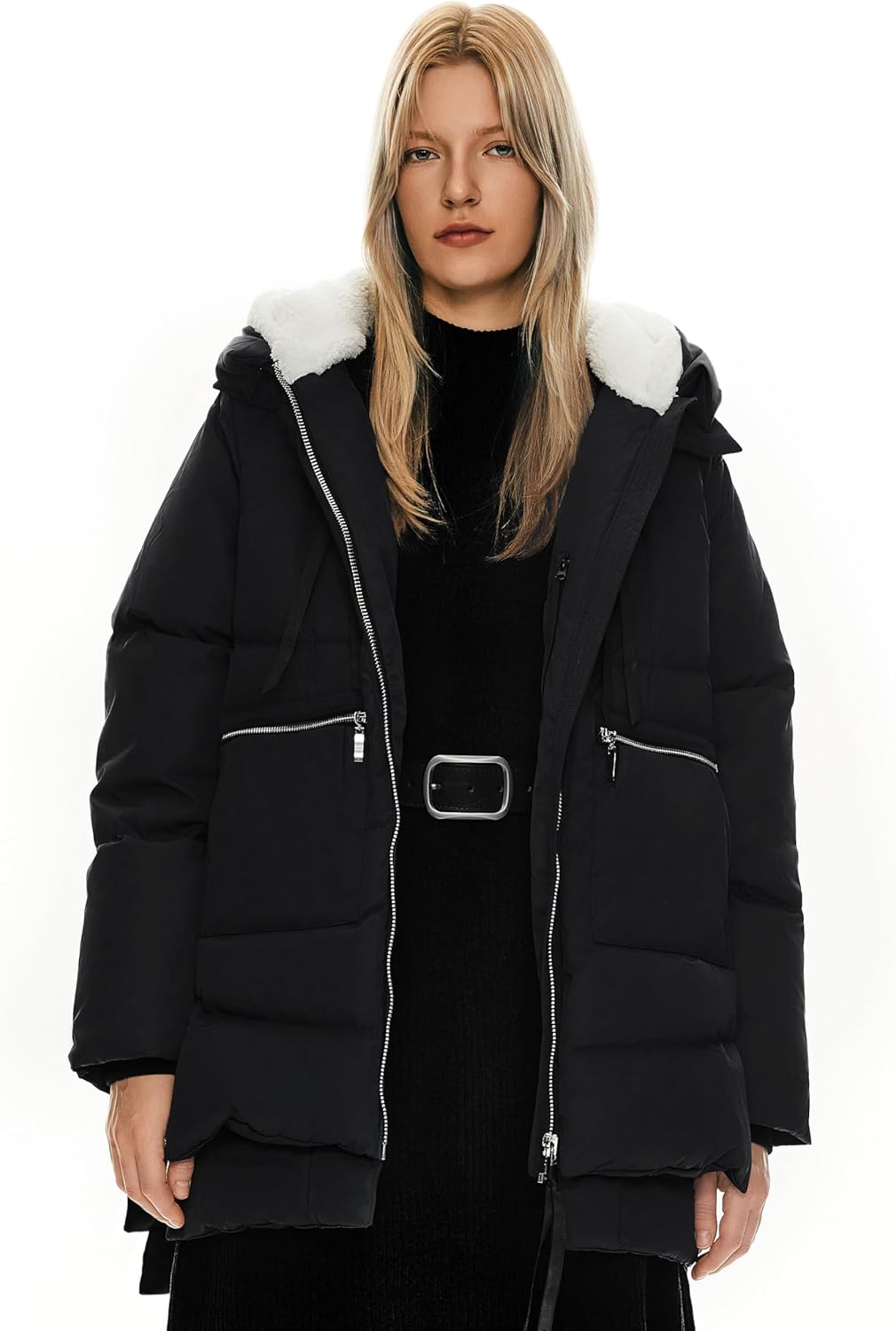 Women’s thickened down jacket, black with faux-fur collar trim and zip front pockets