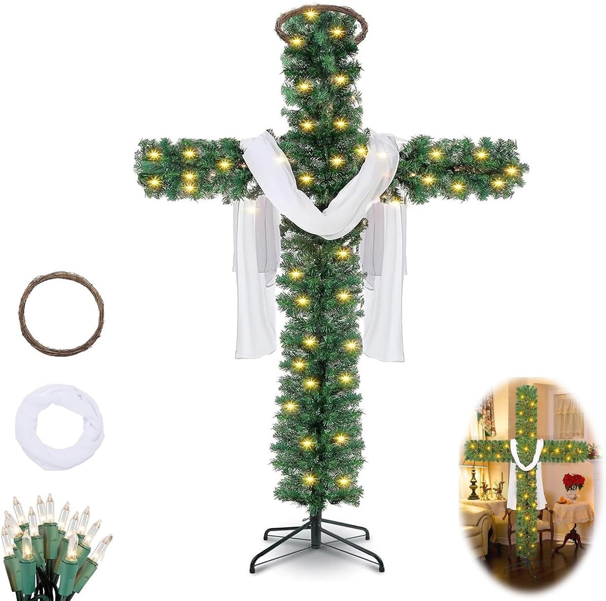 Pre-lit cross-shaped artificial pine tree with white drapes, warm lights, and included ring