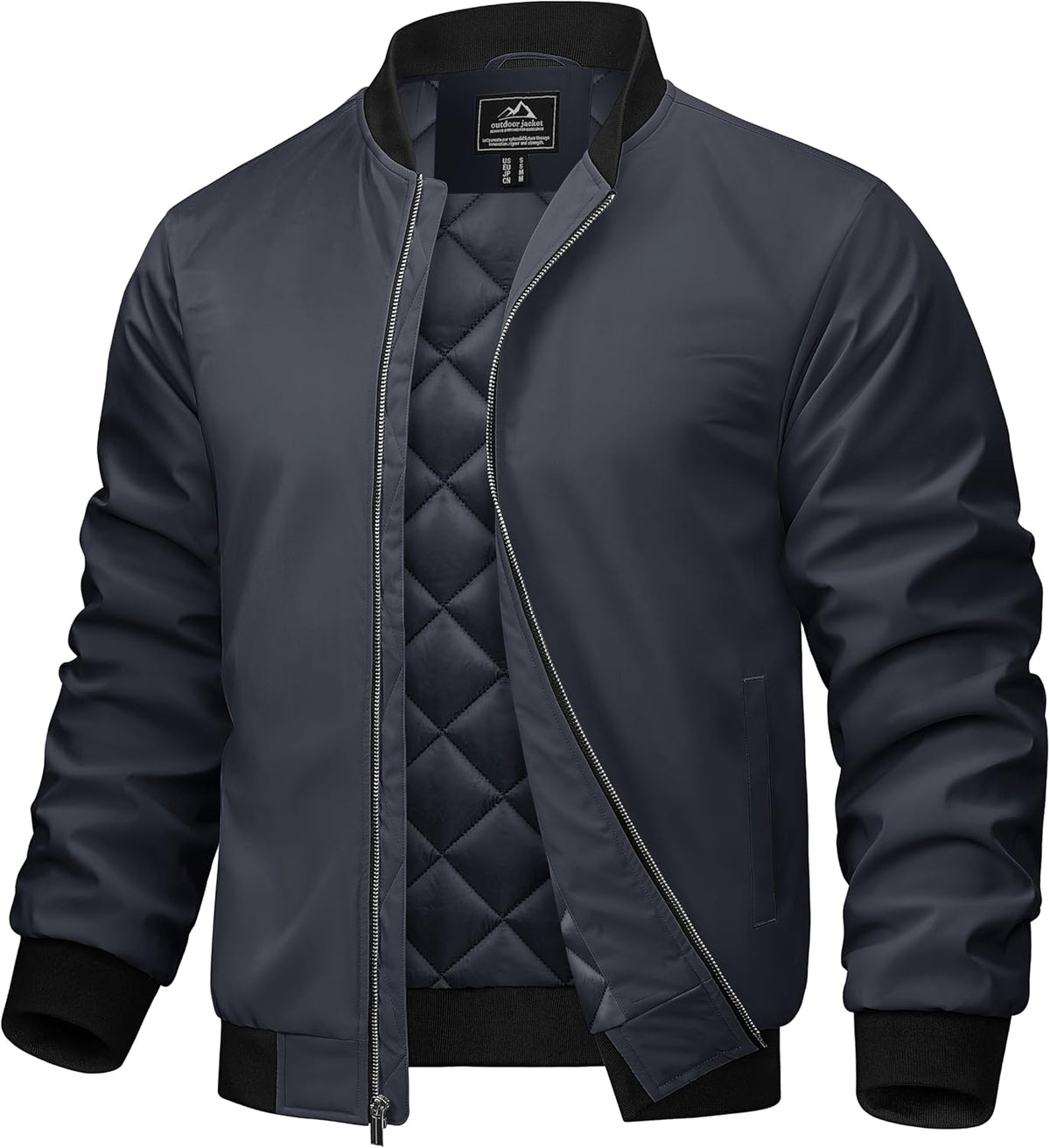 Men's bomber jacket in dark navy with full zip and quilted inner lining.