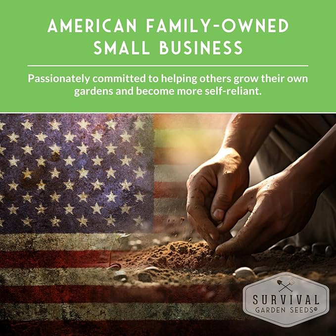 American family-owned small business promotional graphic for Survival Garden Seeds
