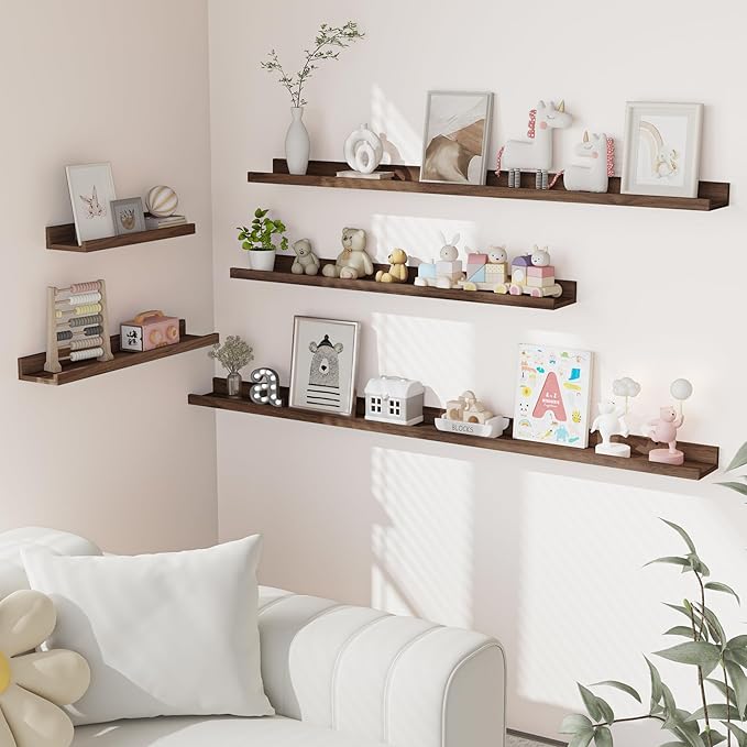 Walnut wall-mounted picture ledge shelves set of 2 with stepped display for photos and decor.
