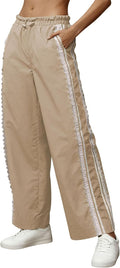 Women's khaki wide-leg track pants with lace-trim side stripe, elastic waist, drawstring