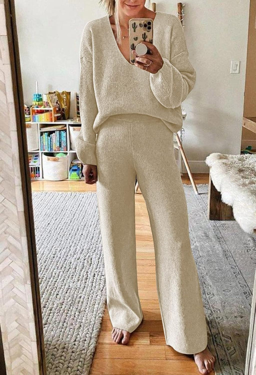 Women's knit V-neck sweater and wide-leg lounge pants set in light beige
